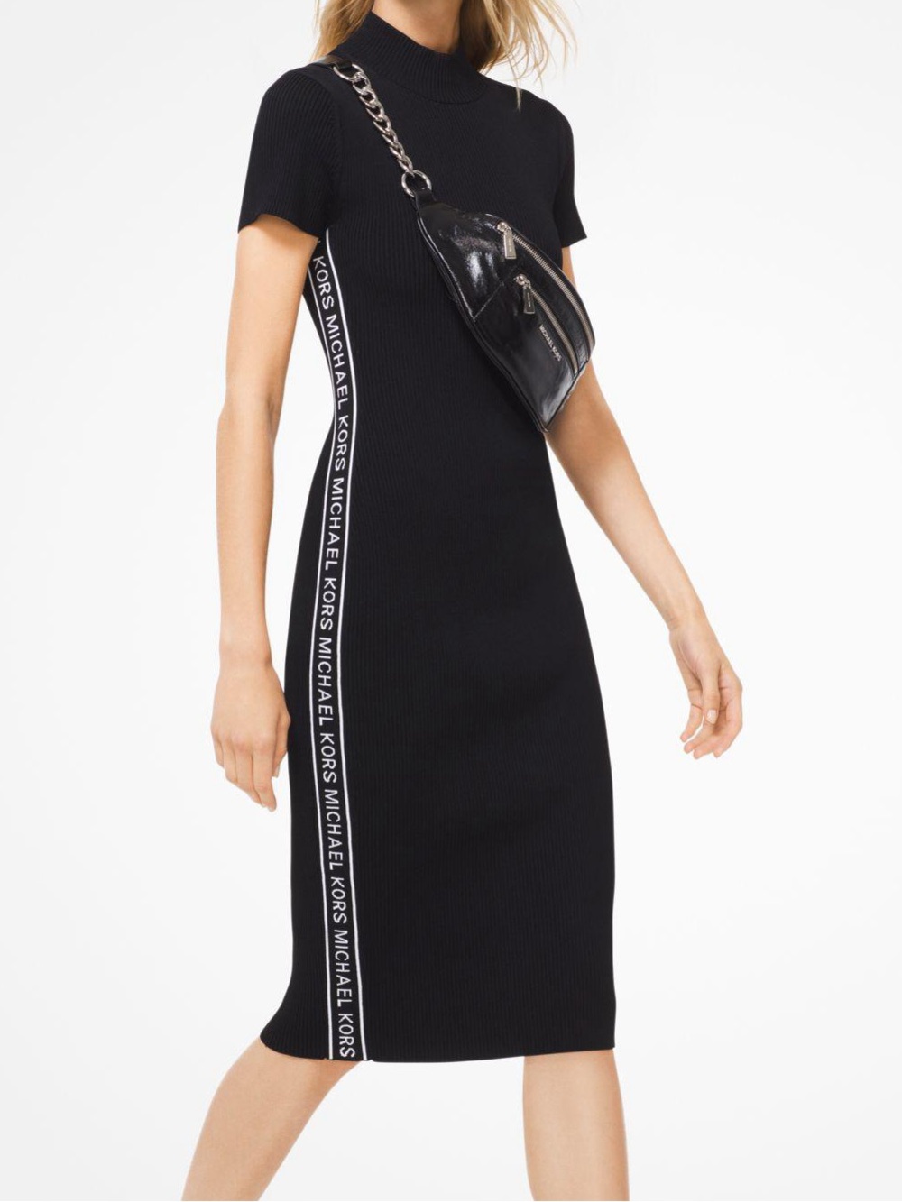 Michael Kors Black Ribbed Logo-Trim Midi Dress